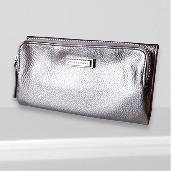 Tahari Metallic Silver Vegan Protective Lining 8" Trifold Wallet Clutch - Picture 4 of 15